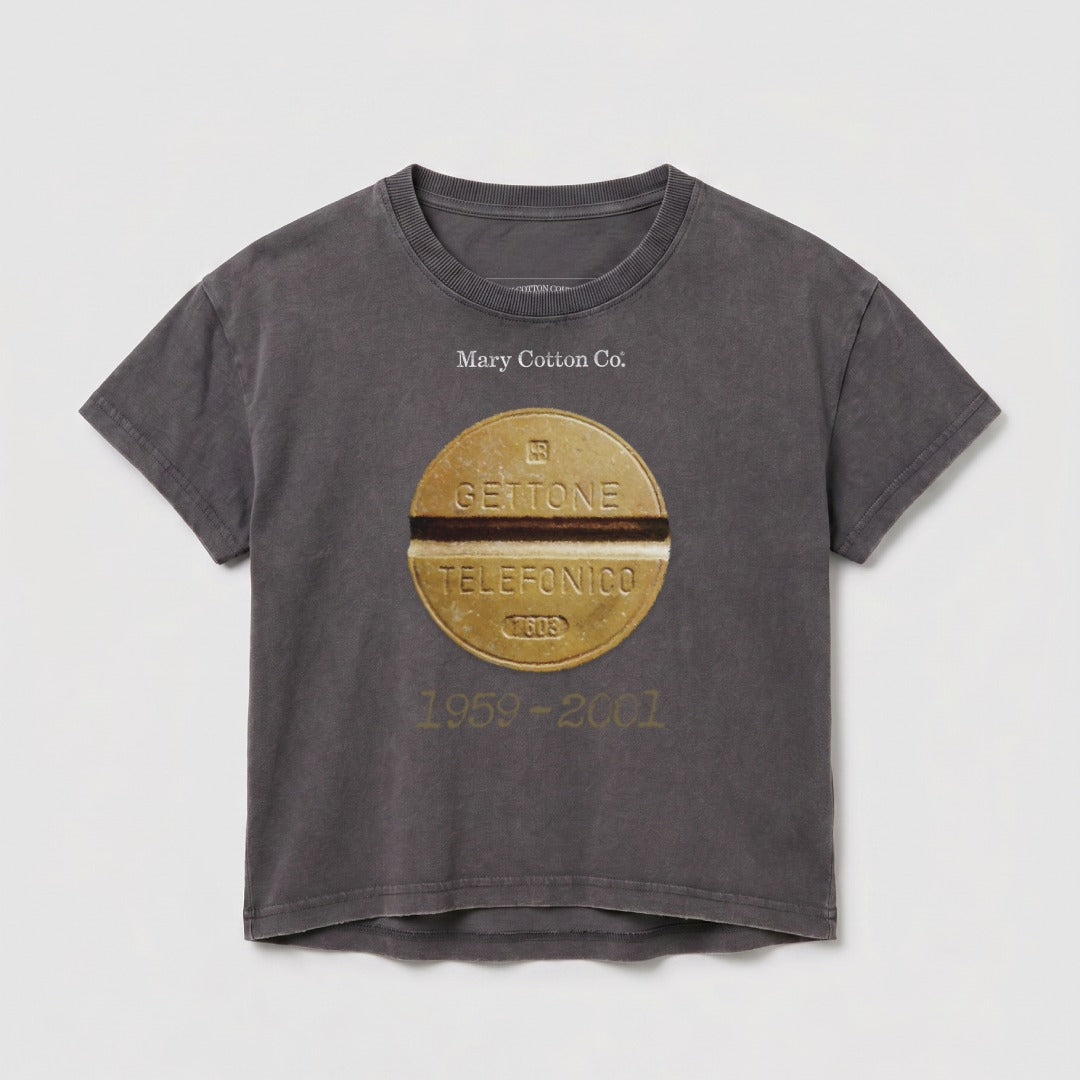 Dark grey t-shirt with "GETTONE TELEFONICO 1959-2001" text and design.