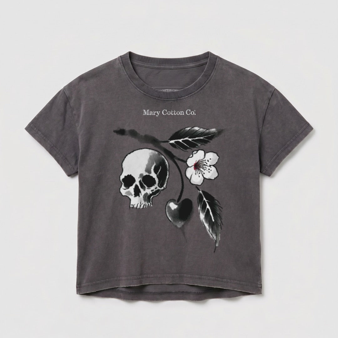 Grey t-shirt with skull and cherry blossom graphic and "Mary Cotton Co." text.