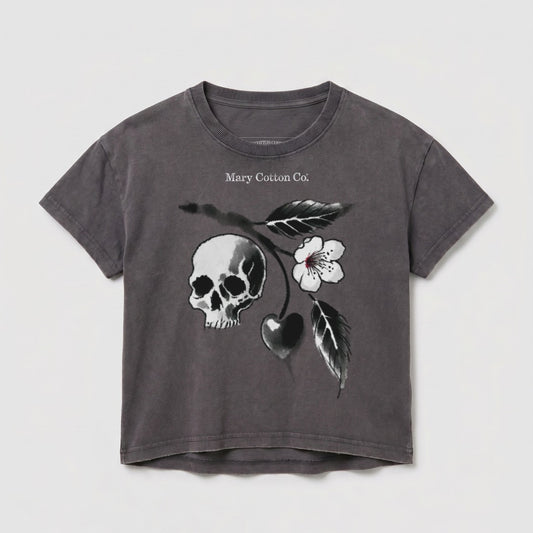 Grey t-shirt with skull and cherry blossom graphic and "Mary Cotton Co." text.