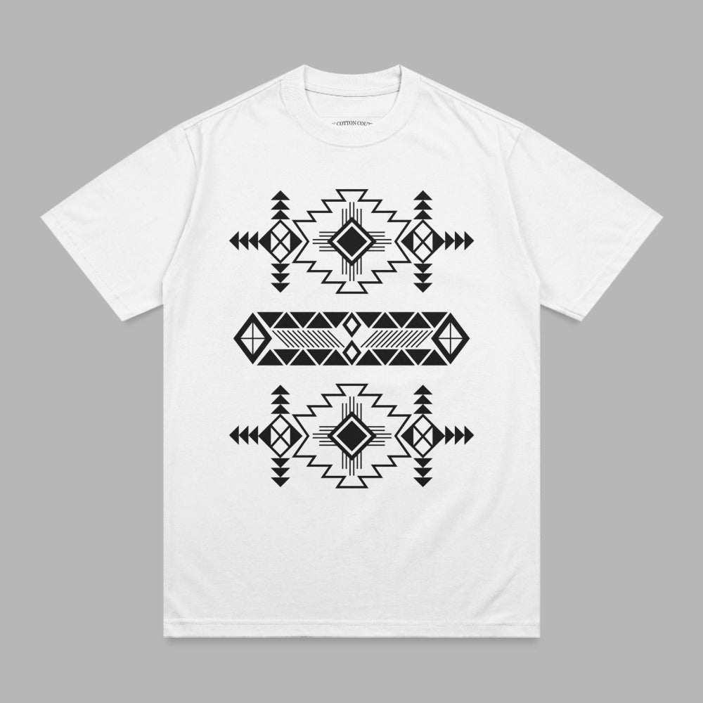 White t-shirt with black geometric tribal pattern across chest.