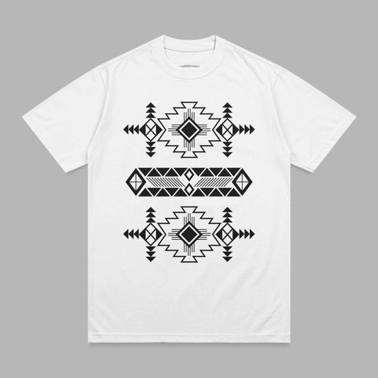 White t-shirt with black geometric tribal pattern across chest.