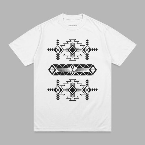 White t-shirt with black geometric tribal pattern across chest.