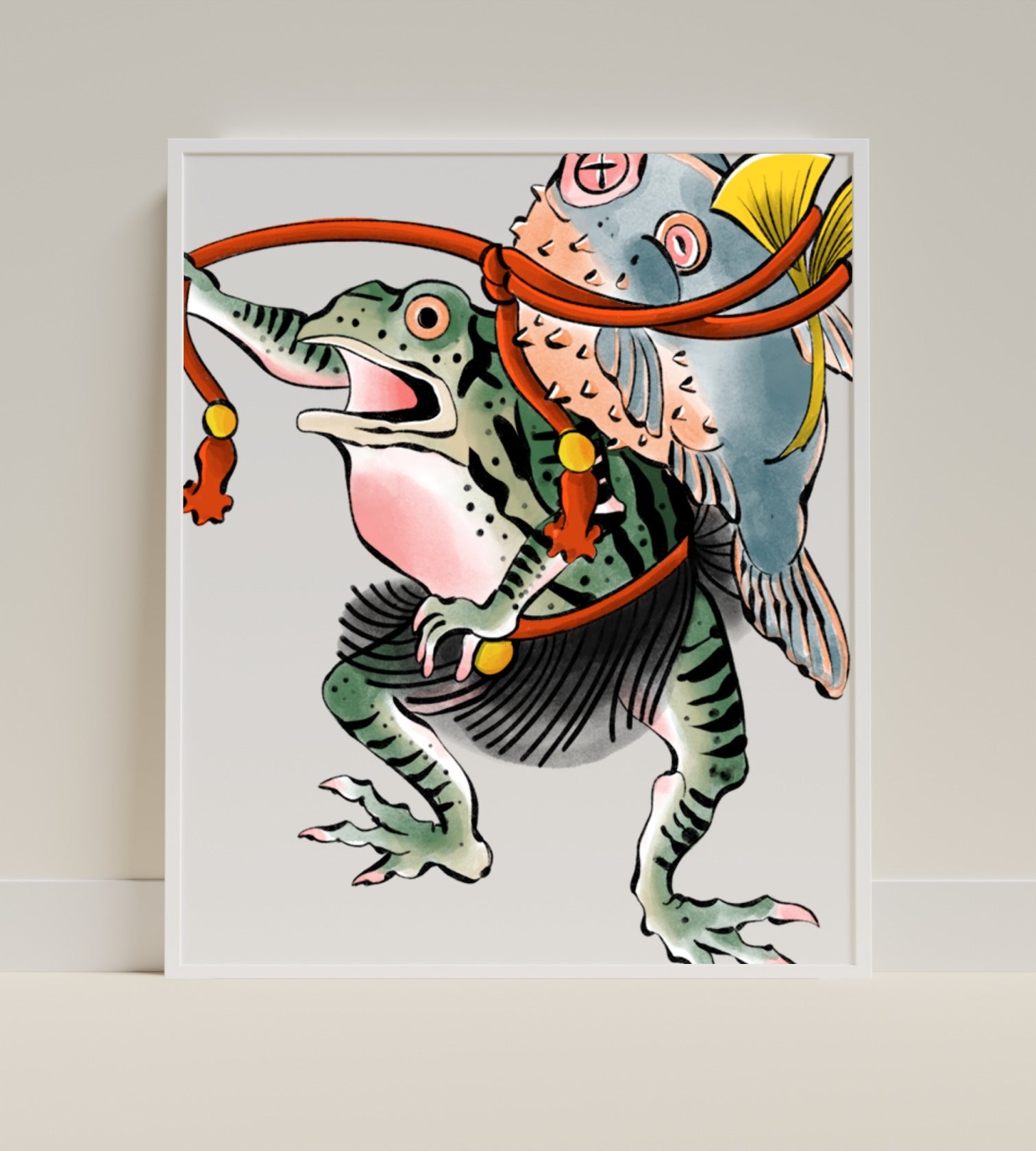Frog Carrying Fish Abstract Art Print Illustration