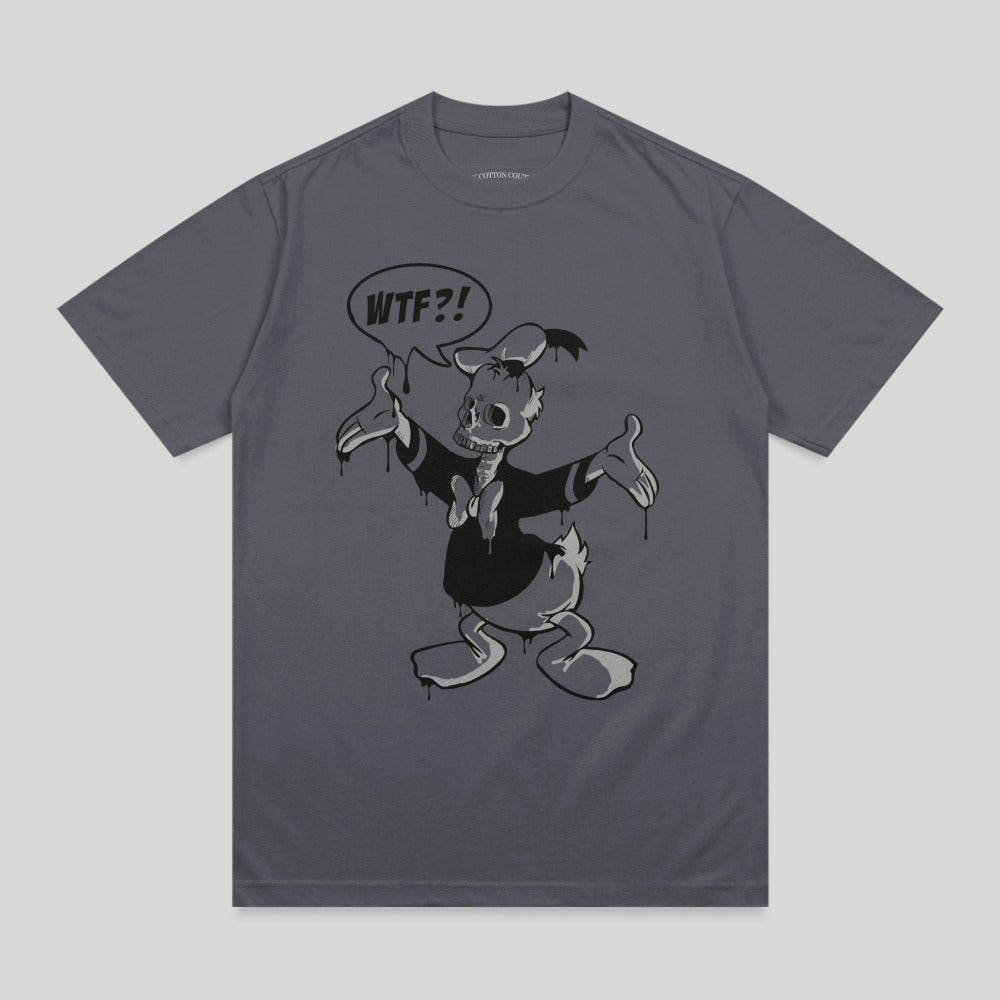 Cartoon duck skeleton in graphic tee, saying "WTF?!"