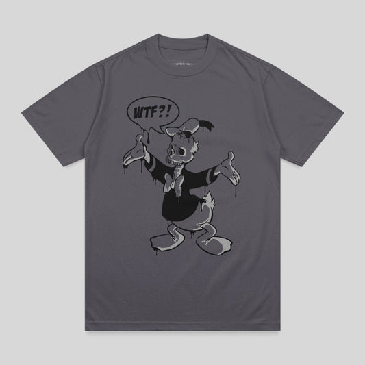 Cartoon duck skeleton in graphic tee, saying "WTF?!"