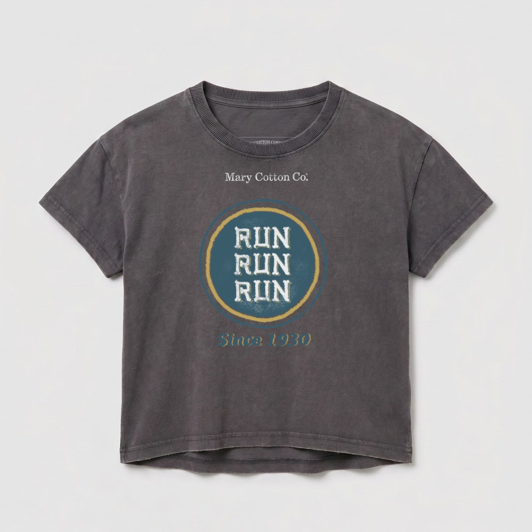 Gray t-shirt with a circular "Run Run Run Since 1930" logo.