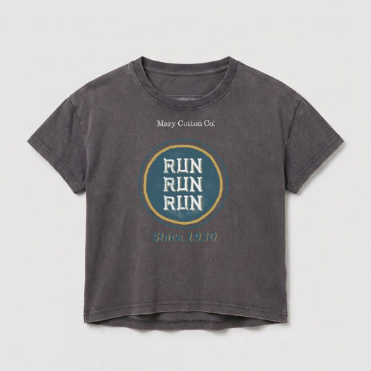 Gray t-shirt with a circular "Run Run Run Since 1930" logo.