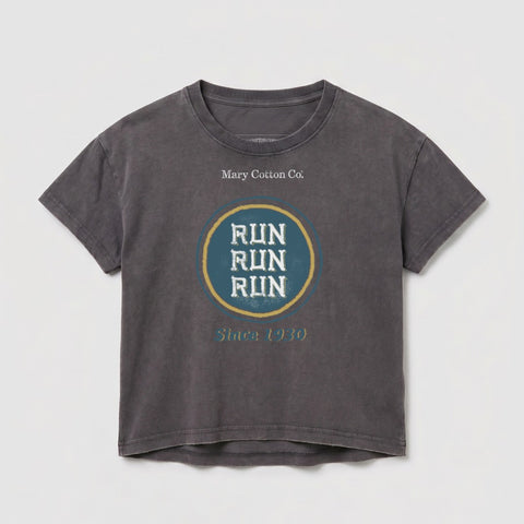 Gray t-shirt with a circular "Run Run Run Since 1930" logo.