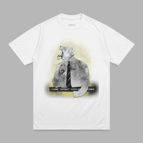 White t-shirt with graphic of man in suit and tie, roaring lion head.