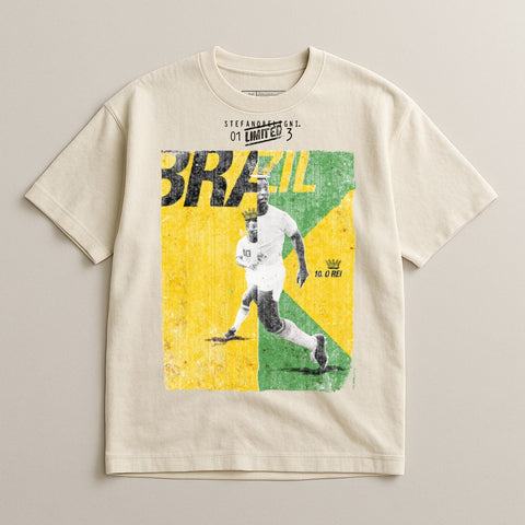 T-shirt featuring a graphic of a soccer player with "BRAZIL" and "10. O REI" text.