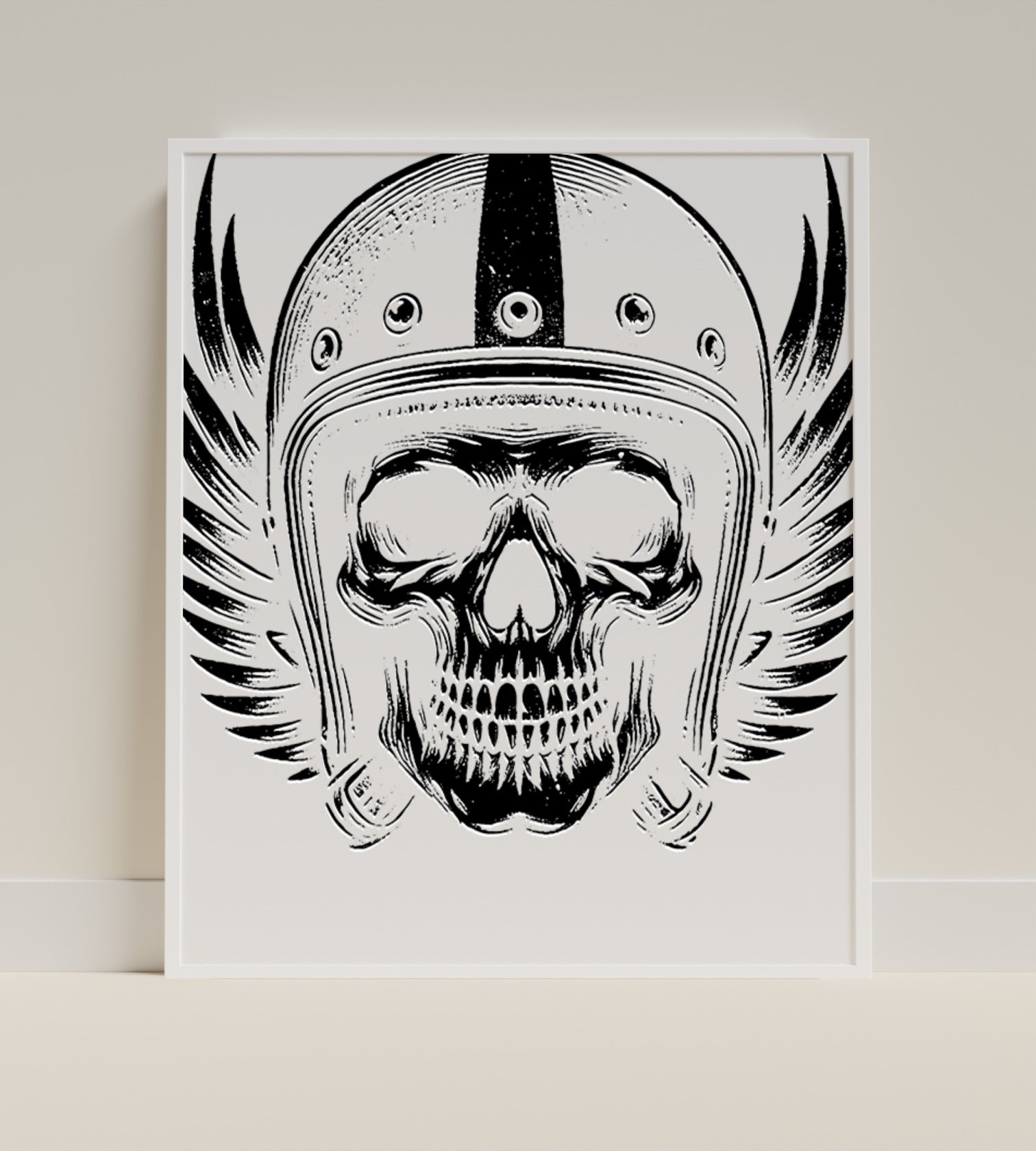 Skull in Helmet with Wings Black and White Art Print