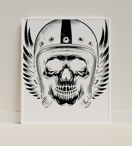 Skull in Helmet with Wings Black and White Art Print