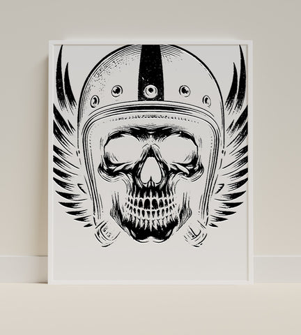 Skull in Helmet with Wings Black and White Art Print