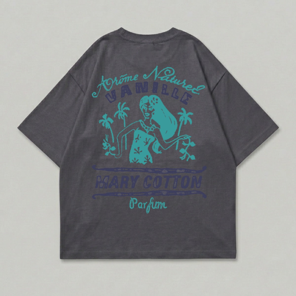 Dark grey t-shirt with blue graphic of woman, palm trees, and text "Arome Naturel Vanille Mary Cotton Parfum".