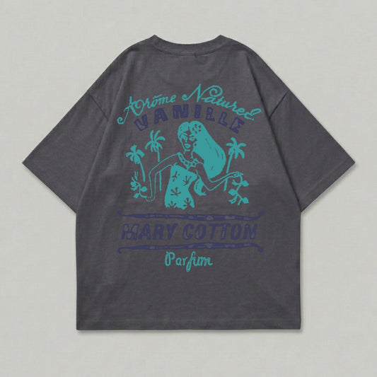 Dark grey t-shirt with blue graphic of woman, palm trees, and text "Arome Naturel Vanille Mary Cotton Parfum".