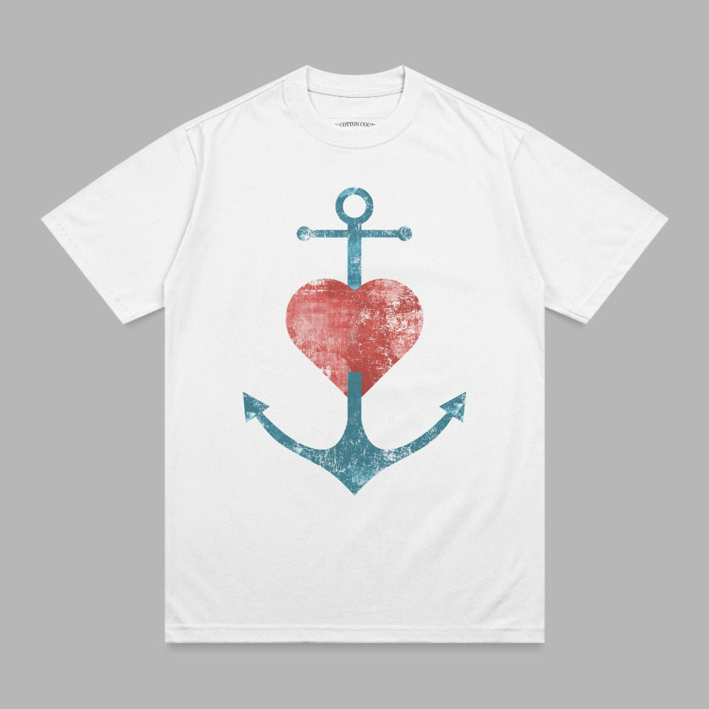 White t-shirt with a distressed red heart over a blue anchor graphic.