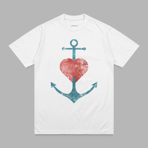 White t-shirt with a distressed red heart over a blue anchor graphic.