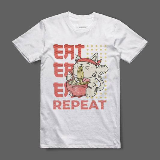 Eat Repeat T-Shirt with Cute Cat Eating Noodles Design