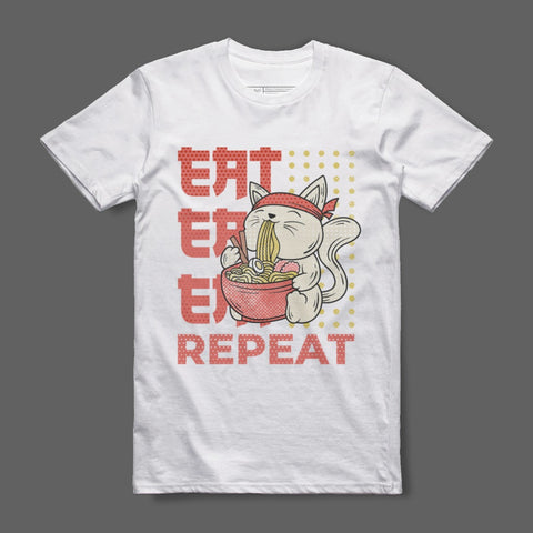 Eat Repeat T-Shirt with Cute Cat Eating Noodles Design