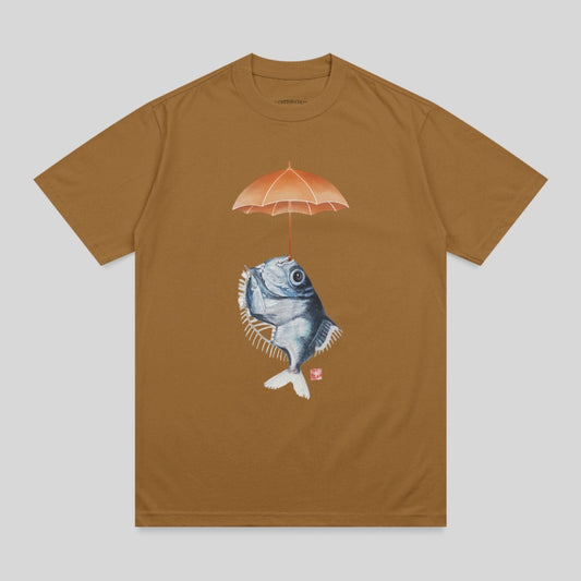 Brown t-shirt with a silver fish holding an orange umbrella.