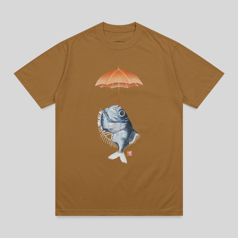 Brown t-shirt with a silver fish holding an orange umbrella.