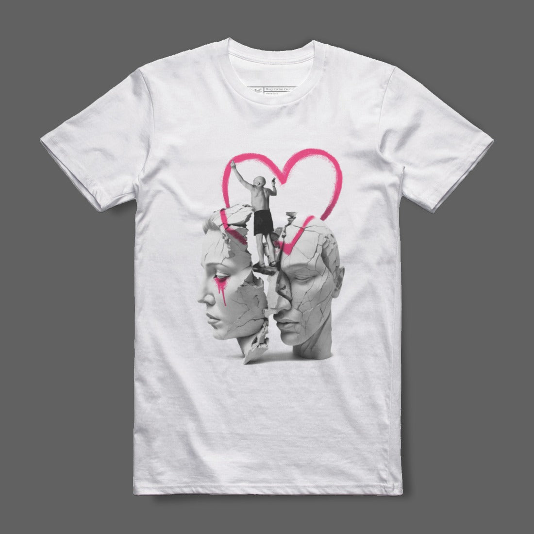 White Graphic Tee with Heart and Faces Design