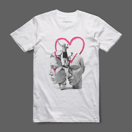 White Graphic Tee with Heart and Faces Design