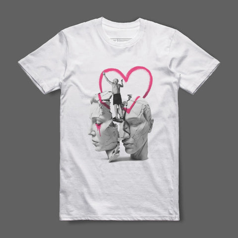 White Graphic Tee with Heart and Faces Design