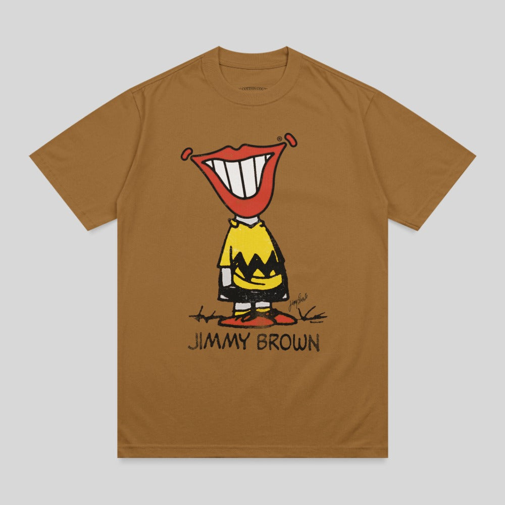 Brown t-shirt with cartoon character Jim Brown grinning.