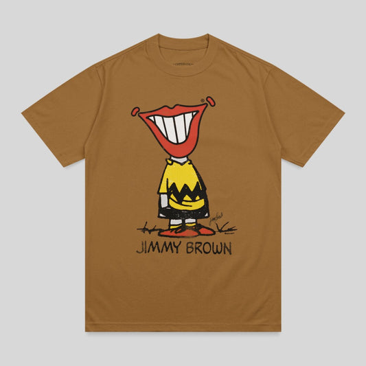 Brown t-shirt with cartoon character Jim Brown grinning.