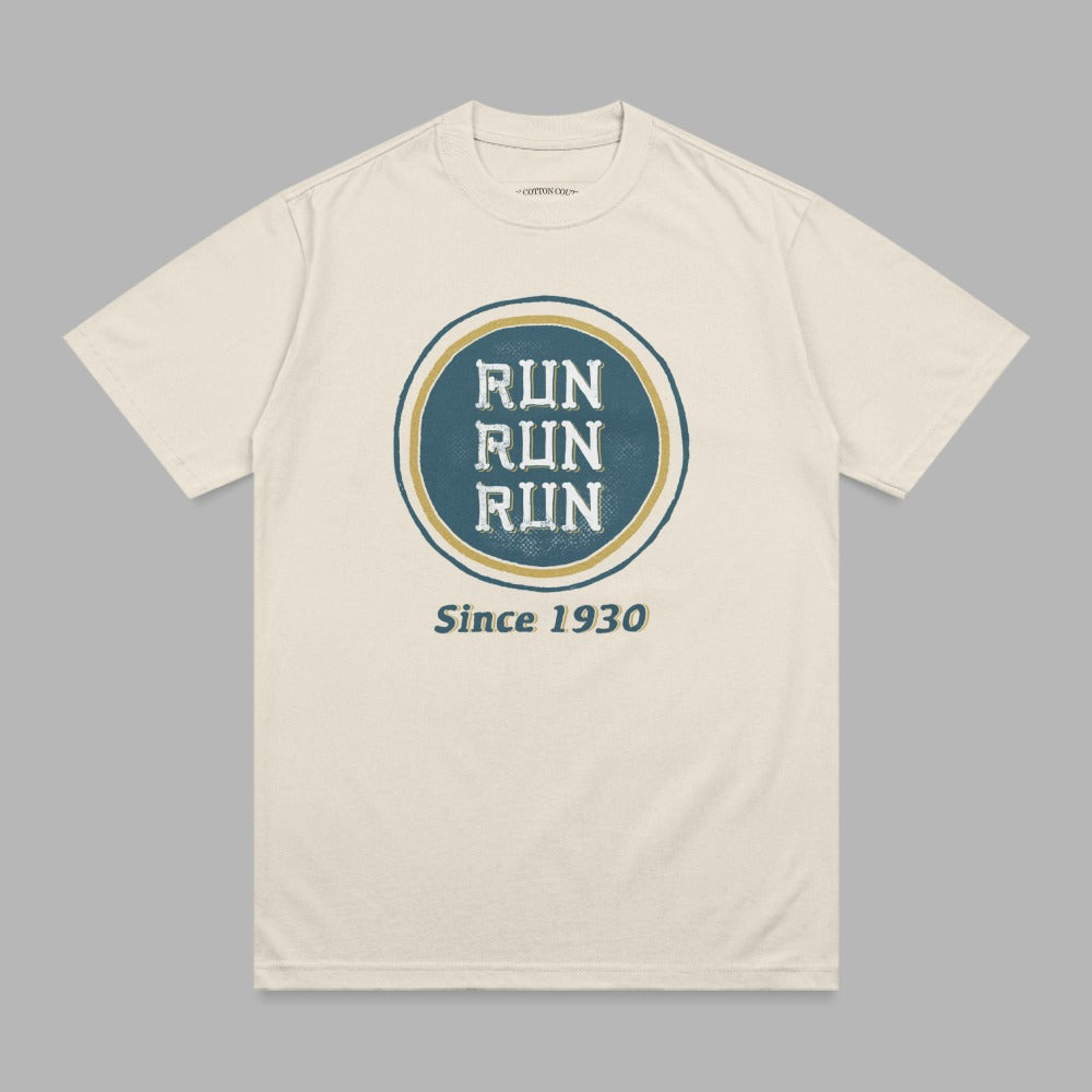 Cream t-shirt with "RUN RUN RUN" in a circle, "Since 1930" below.
