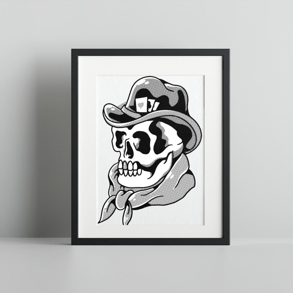 Skull with Cowboy Hat Black and White Artwork Print