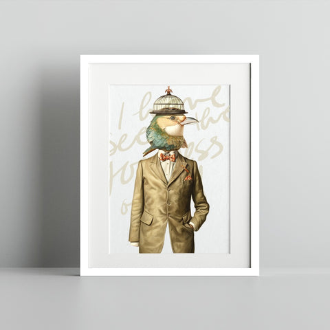 Bird with Suit and Birdcage Hat Art Print with Text