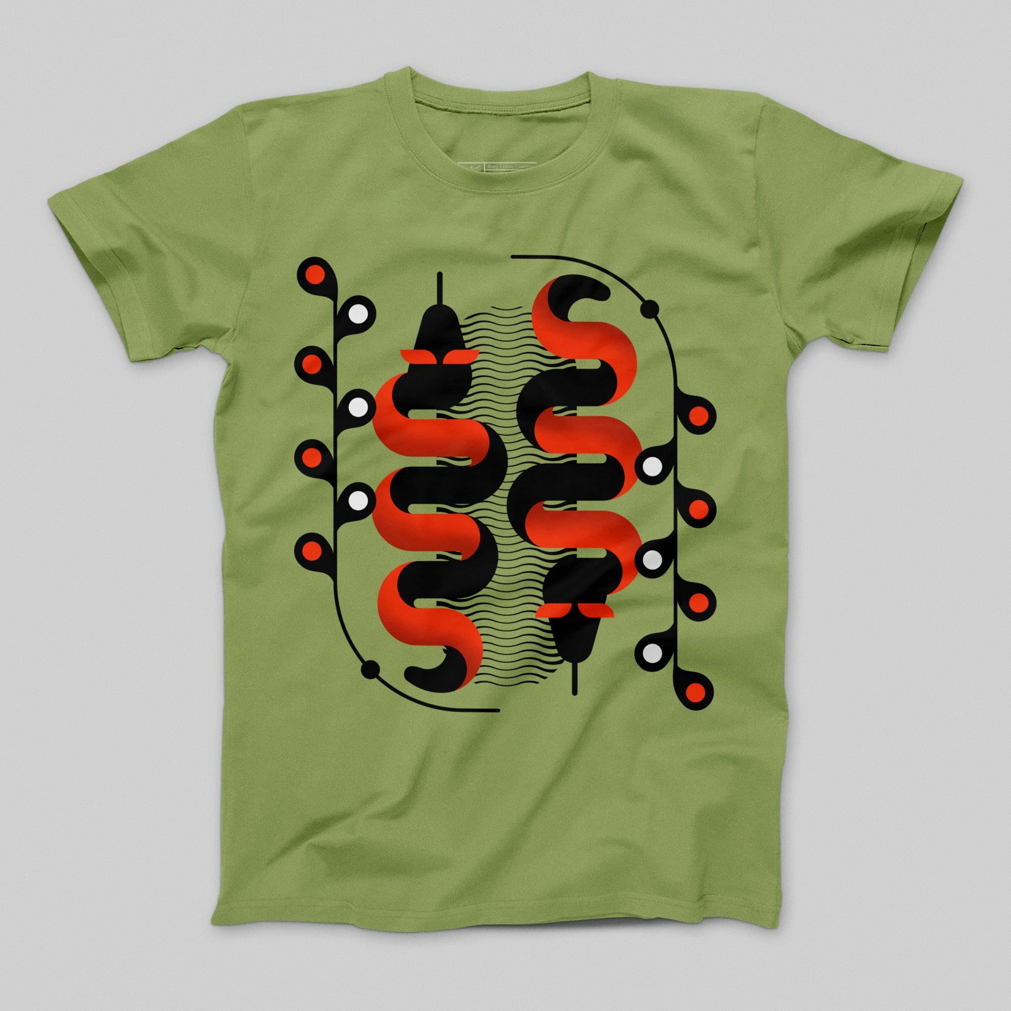Abstract Red and Black Pattern Olive Green T-shirt