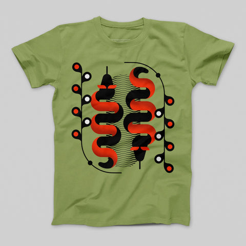 Abstract Red and Black Pattern Olive Green T-shirt