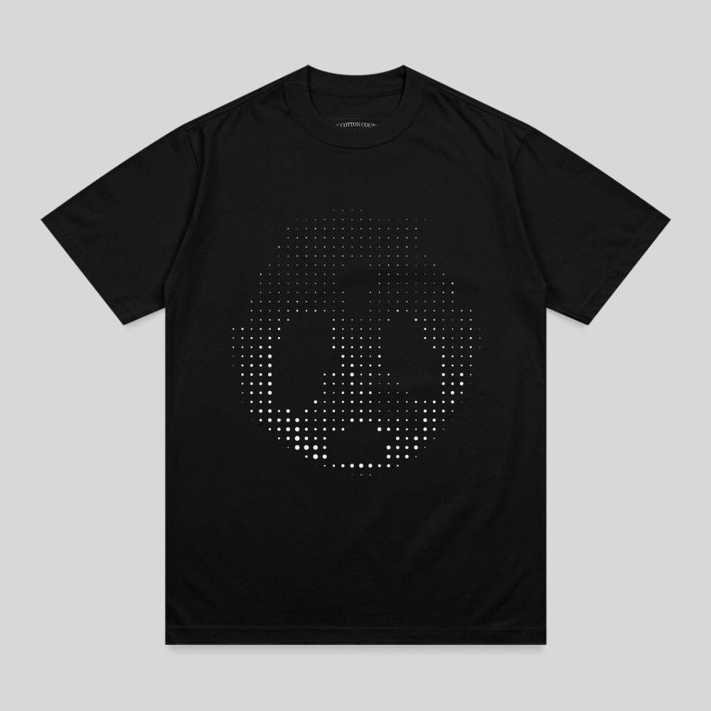 Black t-shirt with a white pixelated smiley face graphic.