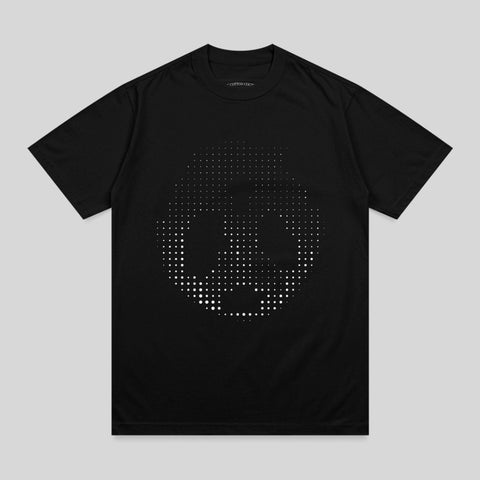 Black t-shirt with a white pixelated smiley face graphic.