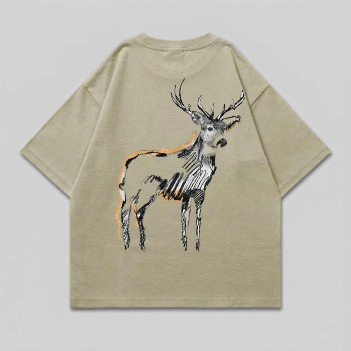 Tan t-shirt with a black and orange sketch of a deer on the back.