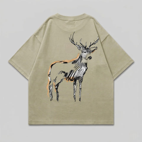 Tan t-shirt with a black and orange sketch of a deer on the back.