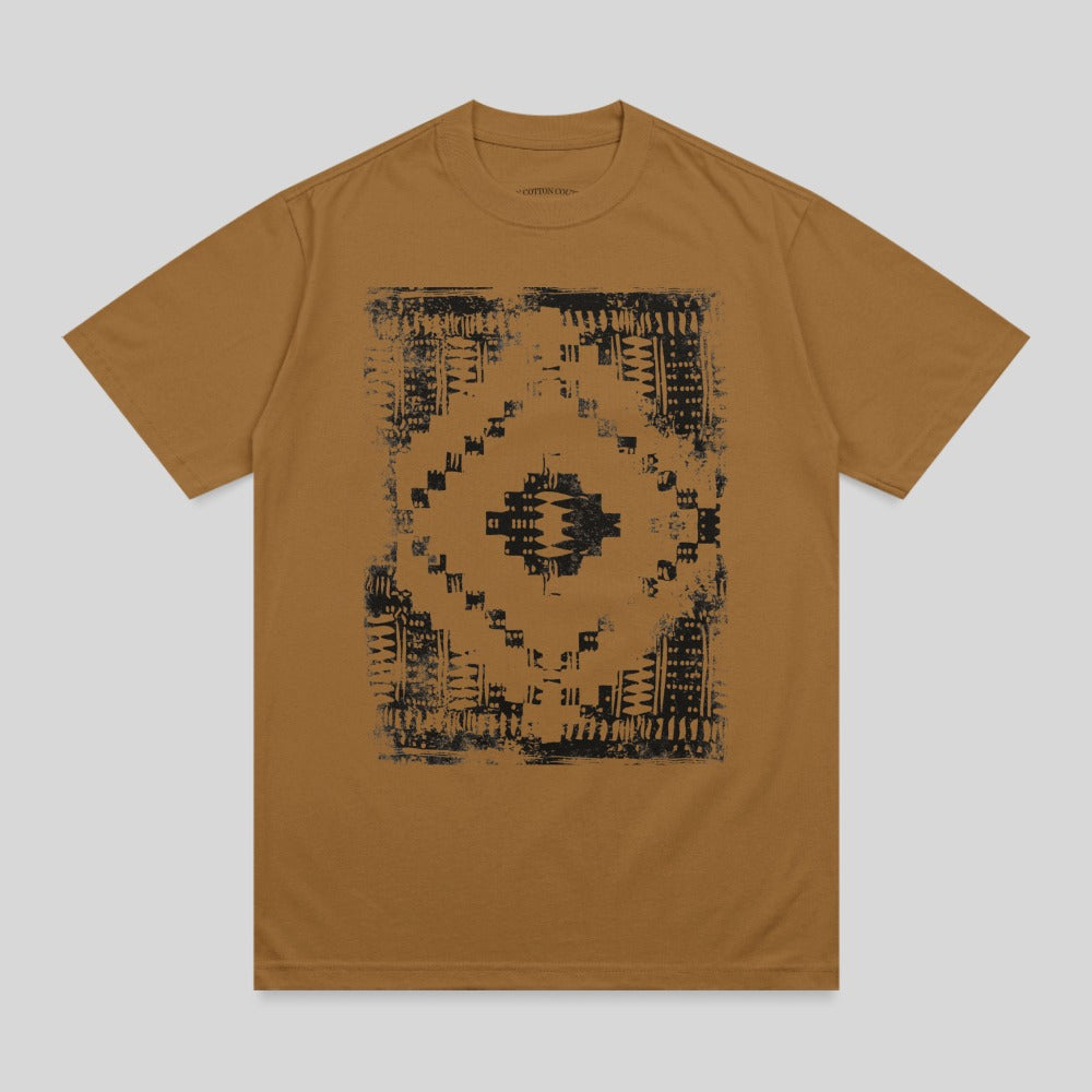 Brown t-shirt with a distressed black geometric diamond pattern graphic.