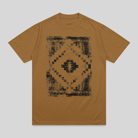 Brown t-shirt with a distressed black geometric diamond pattern graphic.