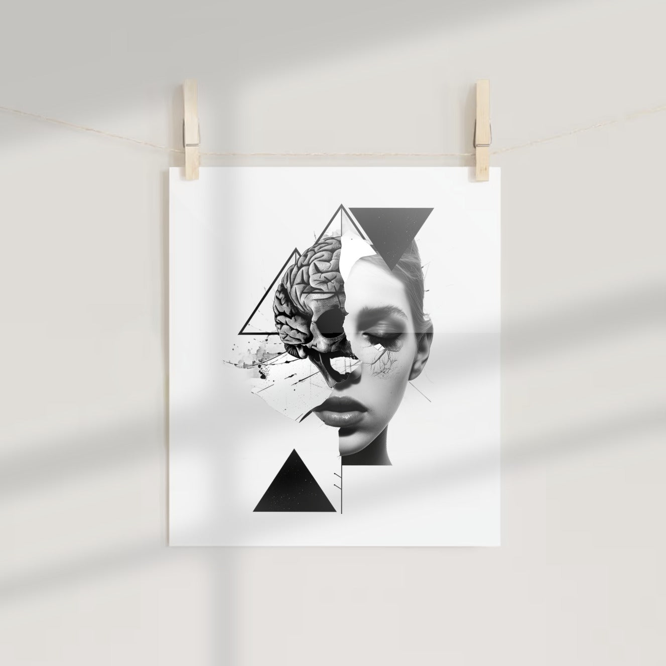 Surreal Portrait Art with Brain and Geometric Shapes Poster
