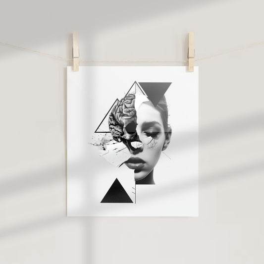 Surreal Portrait Art with Brain and Geometric Shapes Poster