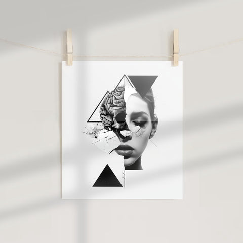 Surreal Portrait Art with Brain and Geometric Shapes Poster