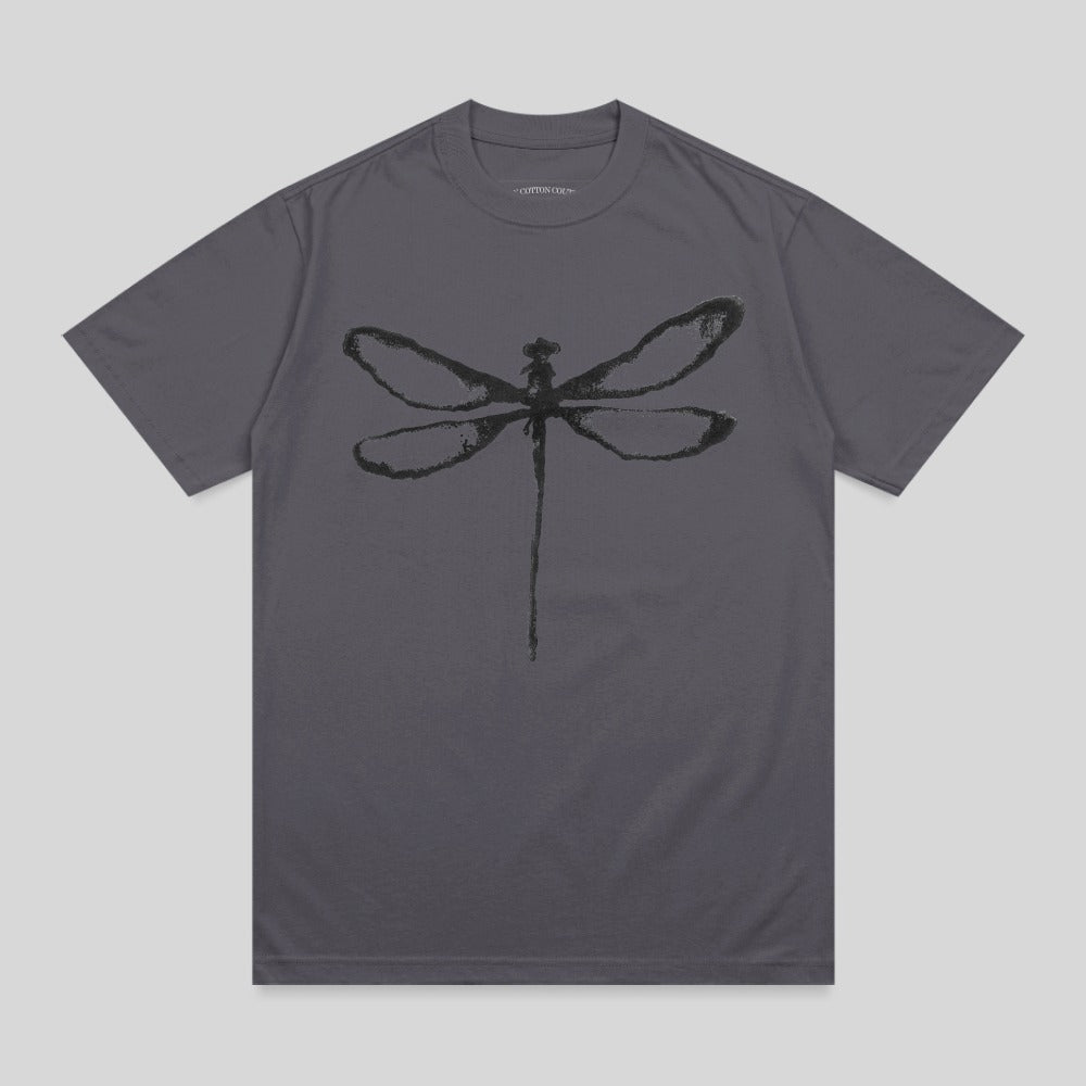 Charcoal t-shirt with a black ink-style dragonfly graphic.