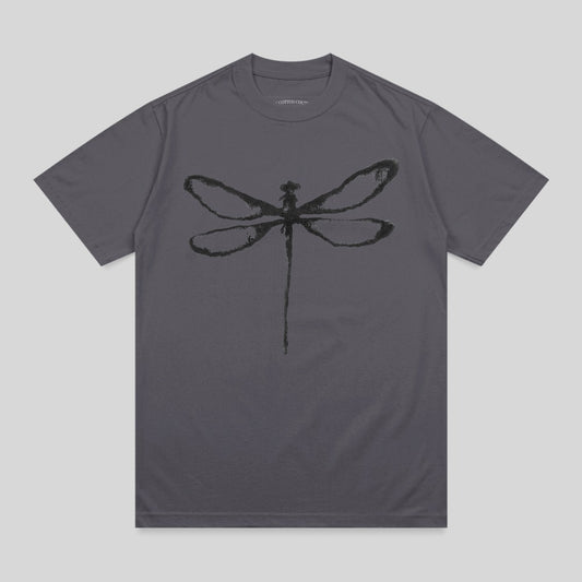 Charcoal t-shirt with a black ink-style dragonfly graphic.