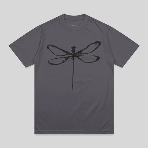 Charcoal t-shirt with a black ink-style dragonfly graphic.