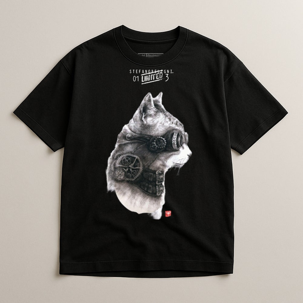 Black t-shirt with steampunk cat graphic and "Stefano Lazzari" text.