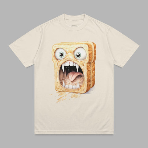 Screaming toast with wide eyes, fangs, and tongue on a t-shirt.