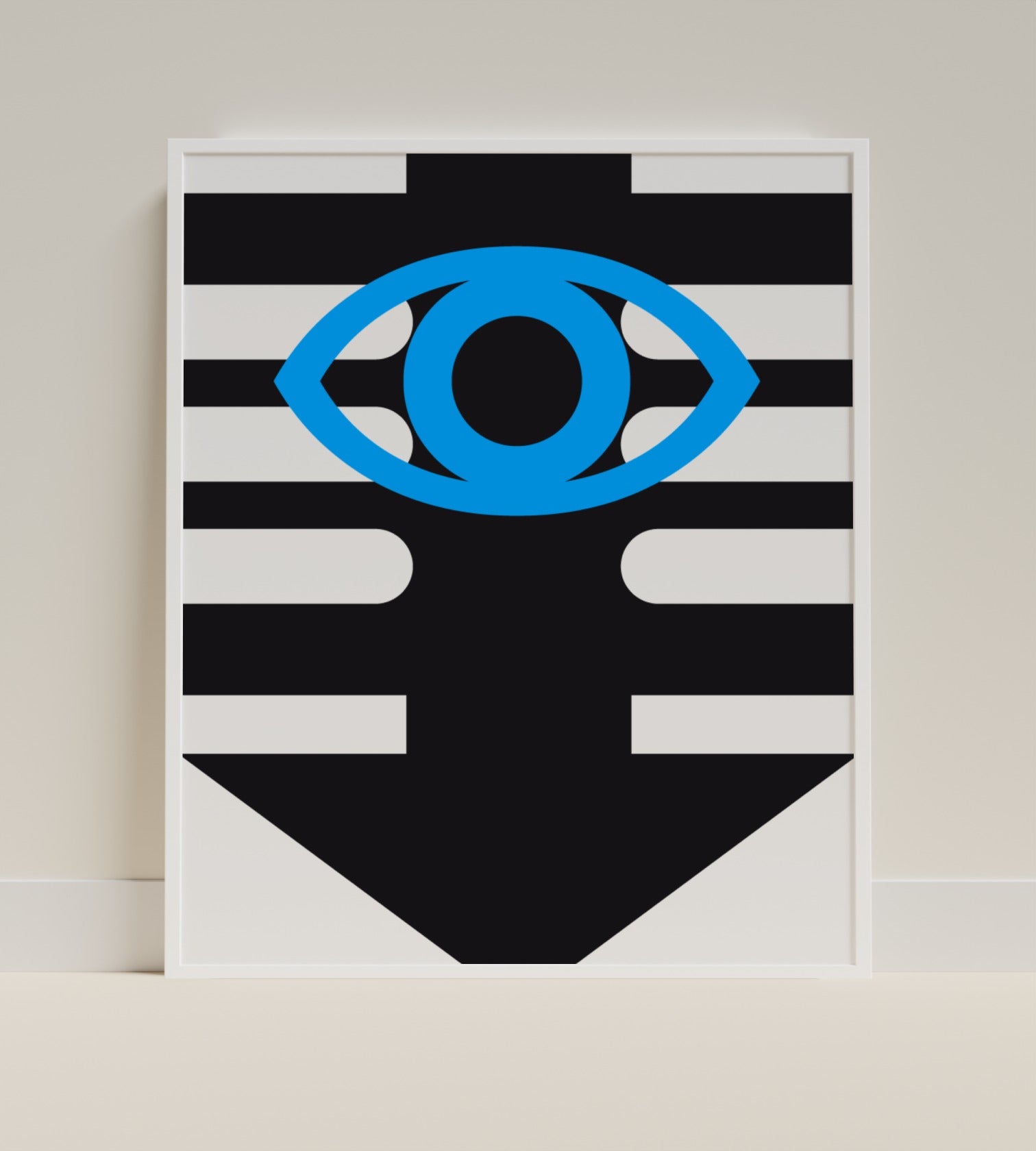 Abstract Blue Eye on Black and White Stripes Artwork